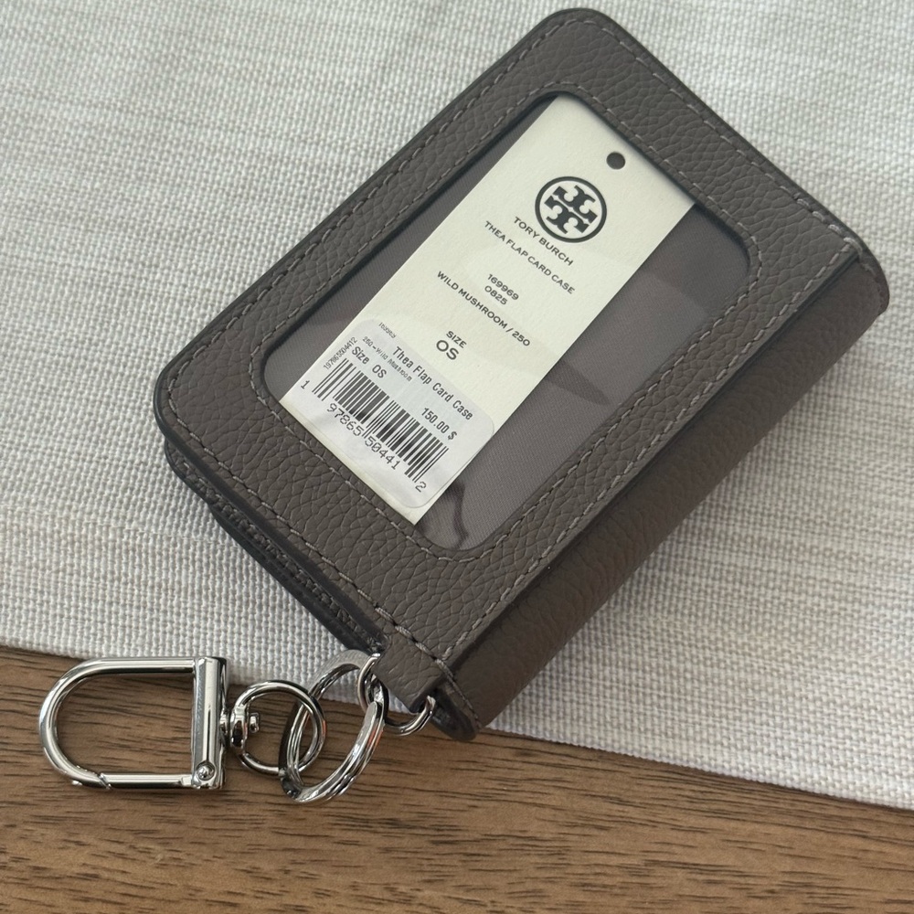 New Tory Burch Thea card case Gray Leather Keychain Wallet - Picture 3 of 9